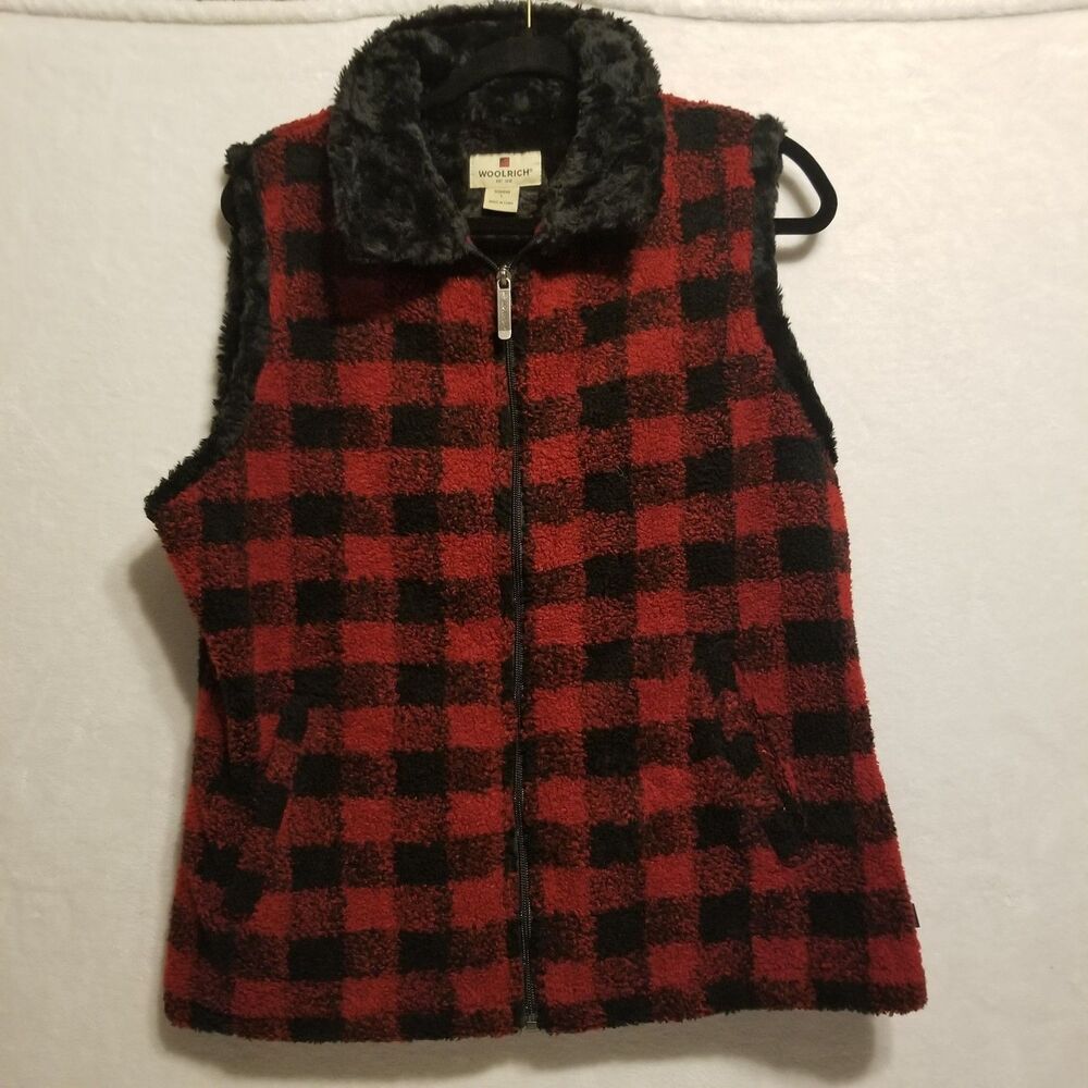 Woolrich L Vest Fleece Buffalo Check Faux Fur Trim Red Black Soft Outdoors Cozy